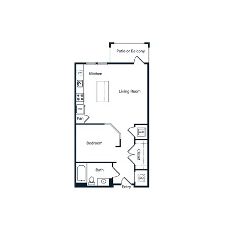 Floor plan for studio, 1 bath, 605 sqft